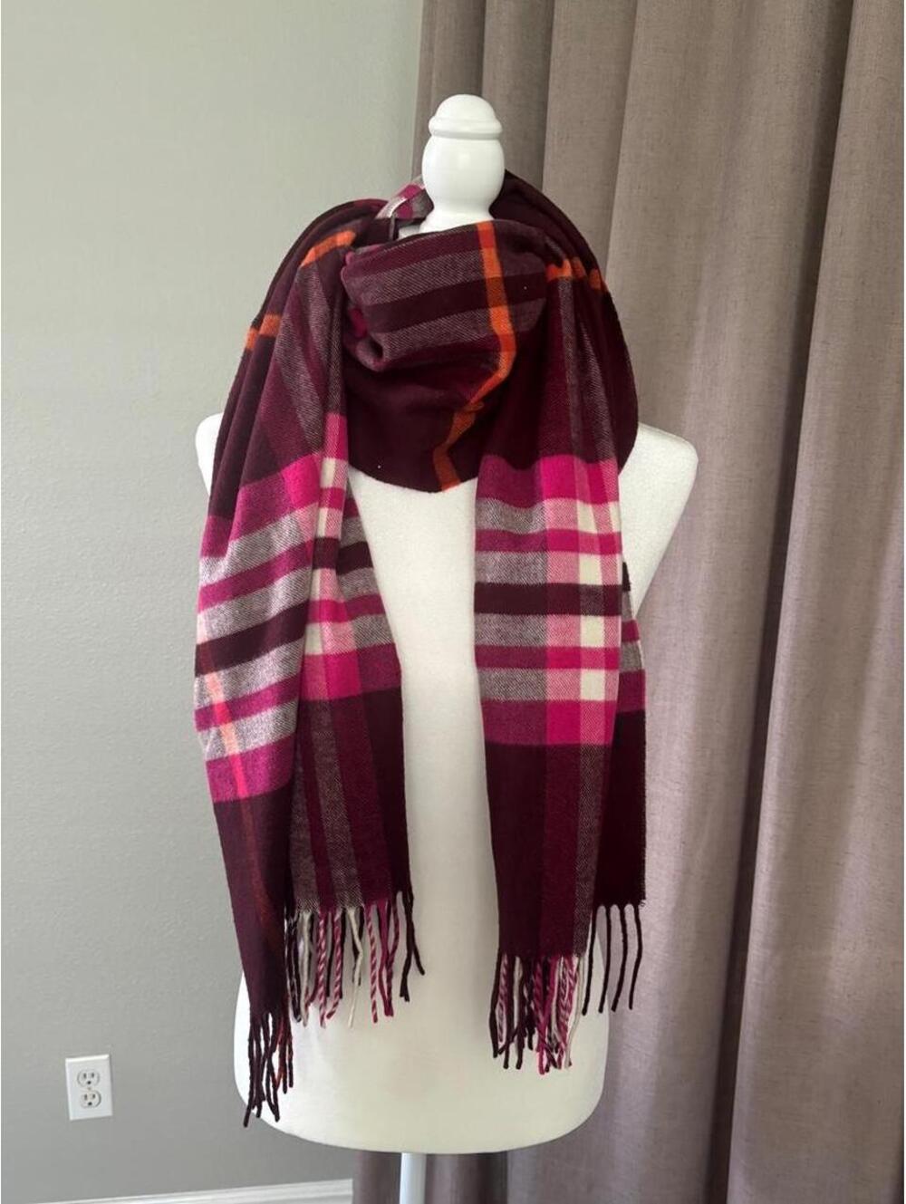 German Made Burgundy Pink Plaid Oversized Scarf Wrap